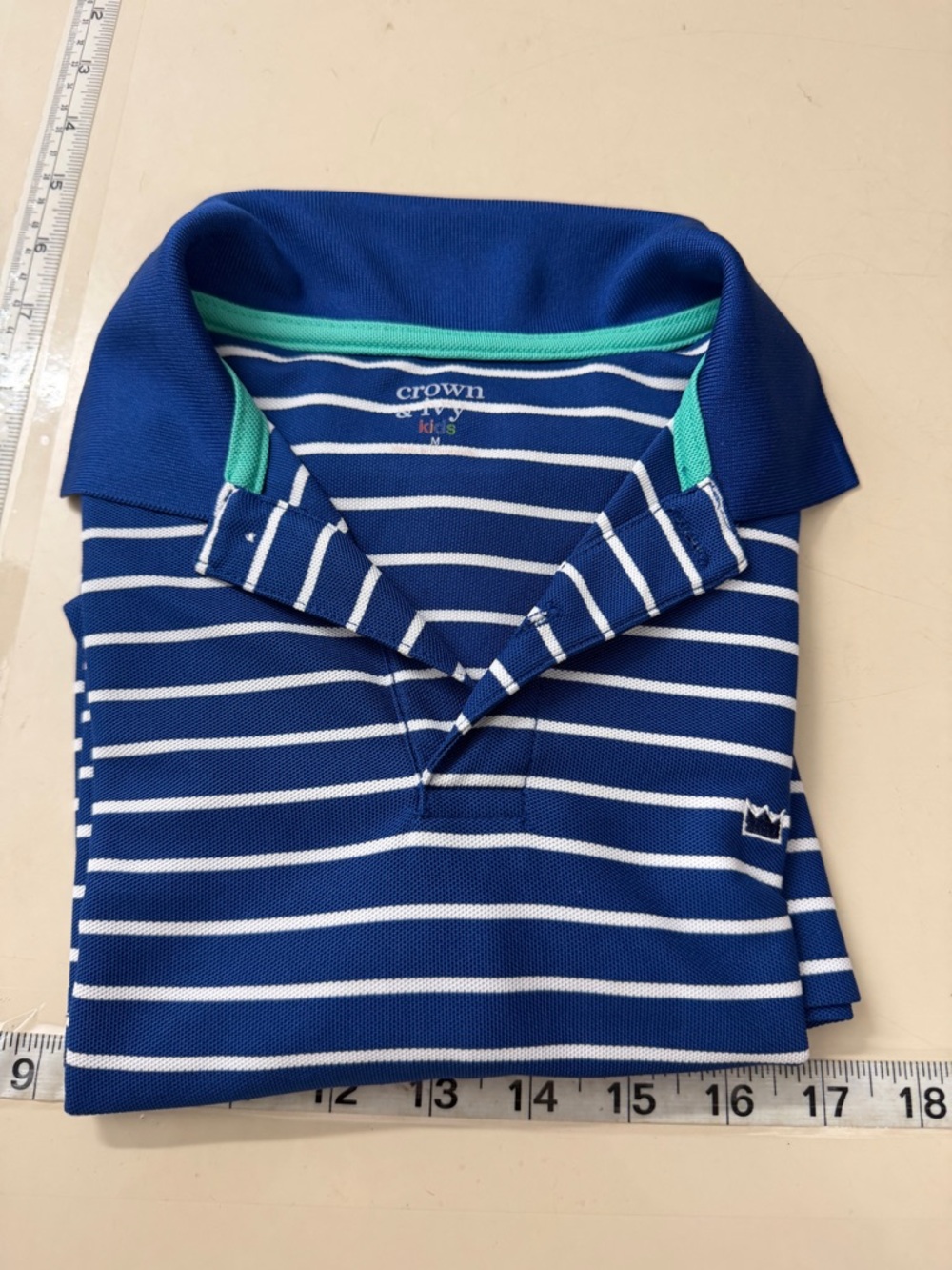 crown & ivy Boys Navy and White Striped Polo with Mint Trim